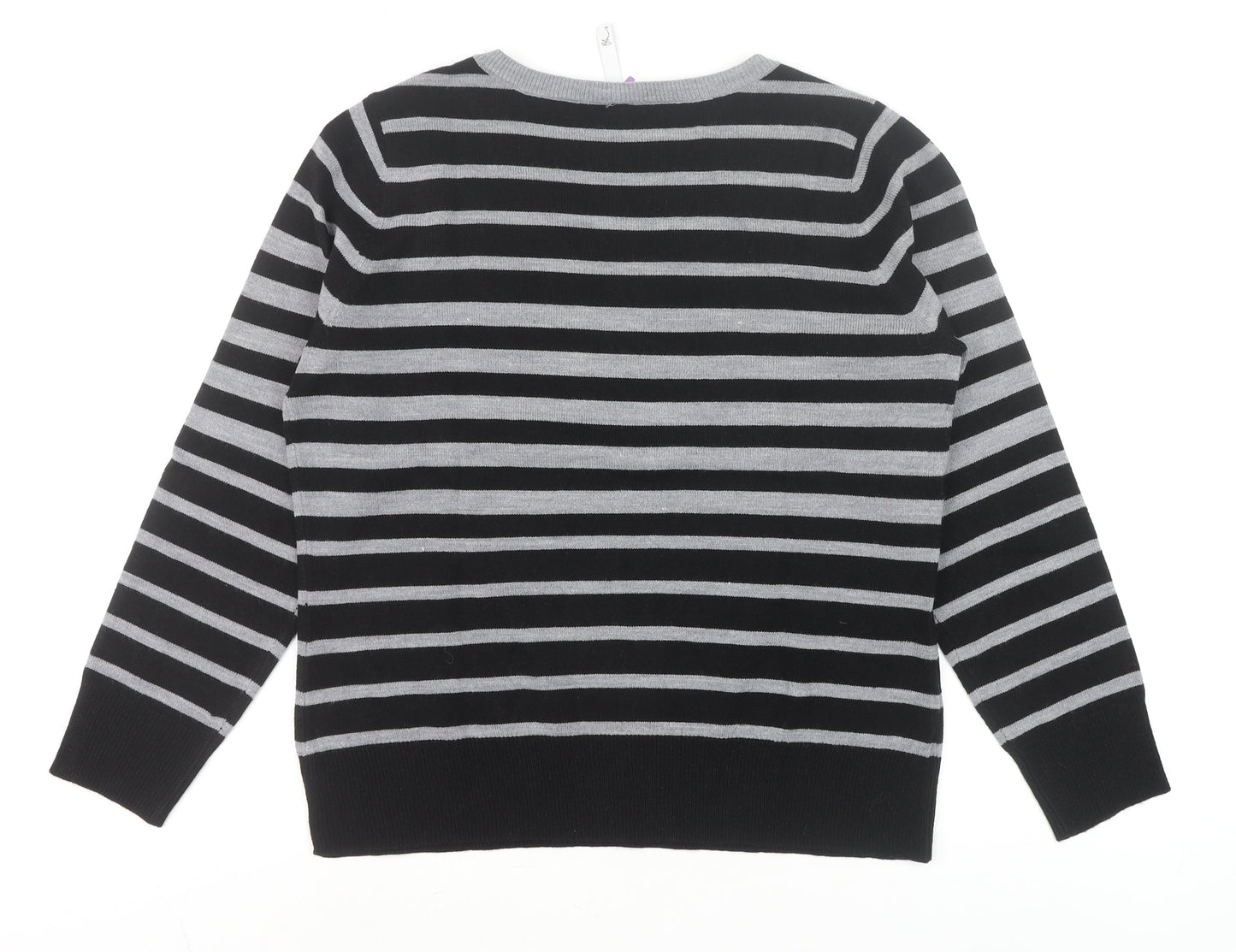 BHS Women’s Black Grey Striped V-Neck Acrylic Jumper Size 16