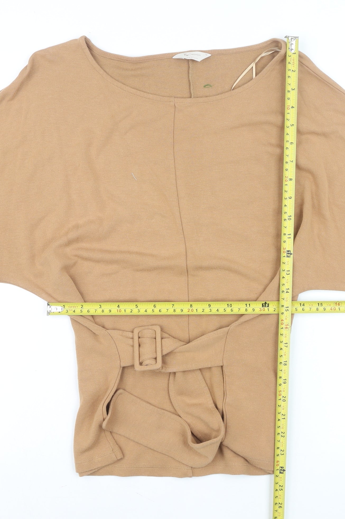 Tu Women Beige Belted Tunic Blouse Size 12 3/4 Sleeve Viscose Blend