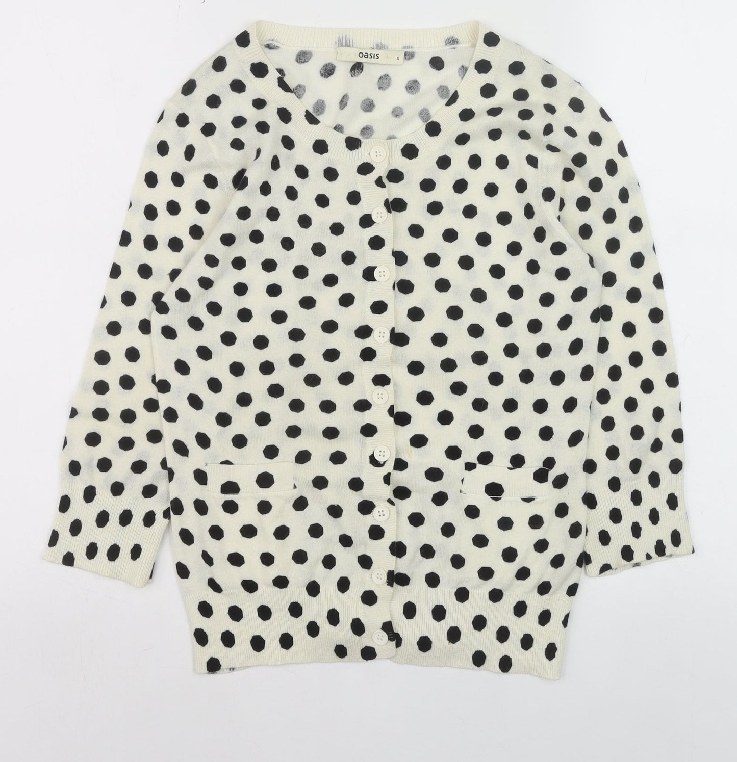Oasis Women Ivory Black Polka Dot Cotton Cardigan Size S