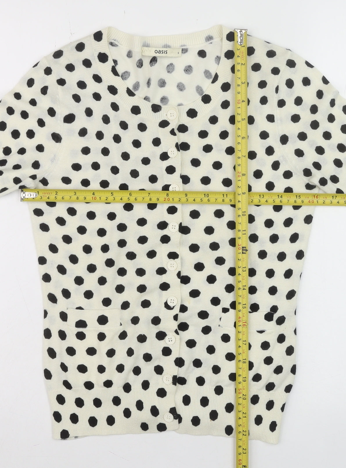 Oasis Women Ivory Black Polka Dot Cotton Cardigan Size S