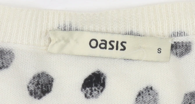 Oasis Women Ivory Black Polka Dot Cotton Cardigan Size S