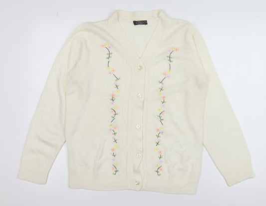 Bm Womens Ivory Floral Embroidered V-Neck Knit Cardigan Size S