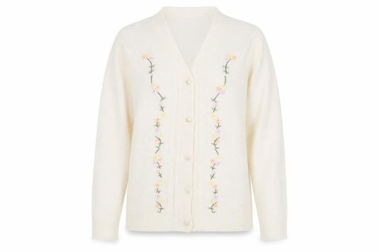 Bonmarché Womens Ivory Floral Embroidered V-Neck Knit Cardigan Size S