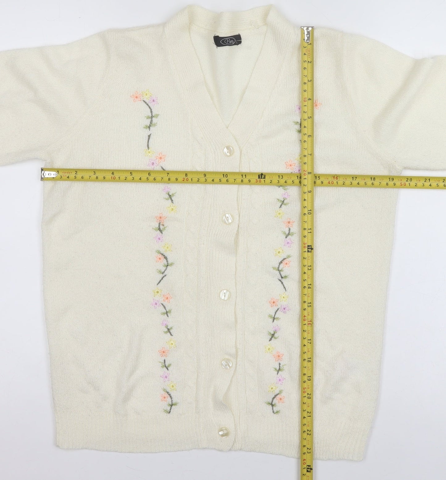 Bm Womens Ivory Floral Embroidered V-Neck Knit Cardigan Size S
