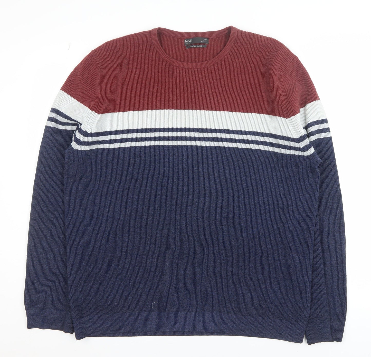 Marks and Spencer Men's Blue Striped Cotton Blend 2XL Crew Neck Jumper