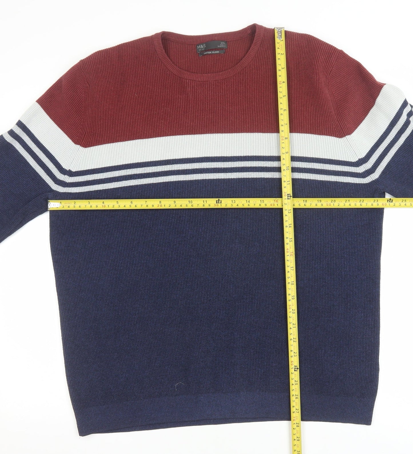 Marks and Spencer Men's Blue Striped Cotton Blend 2XL Crew Neck Jumper