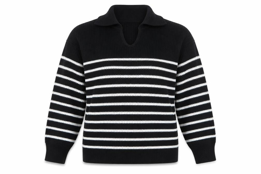 In The Style Womens Black Striped Collared Pullover Jumper Size 10/12