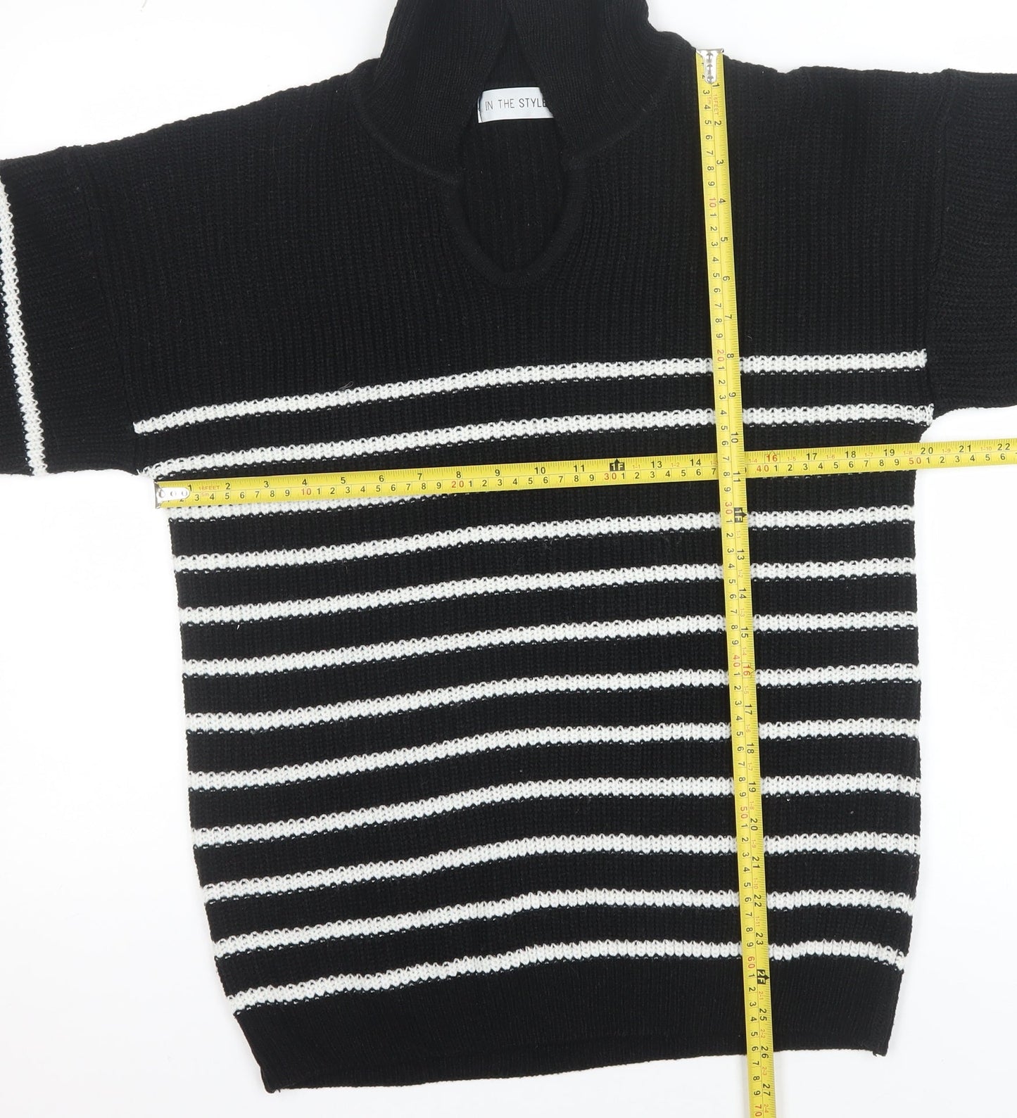 In The Style Womens Black Striped Collared Pullover Jumper Size 10/12
