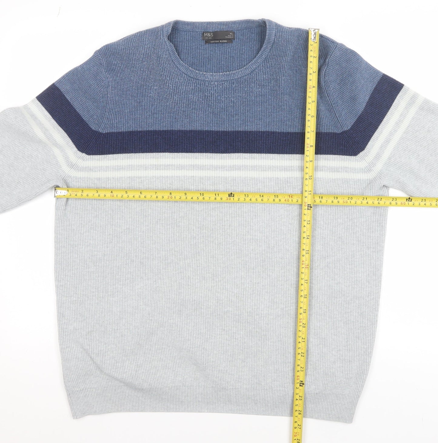Marks and Spencer Men’s Grey XL Cotton Blend Striped Crew Neck Jumper