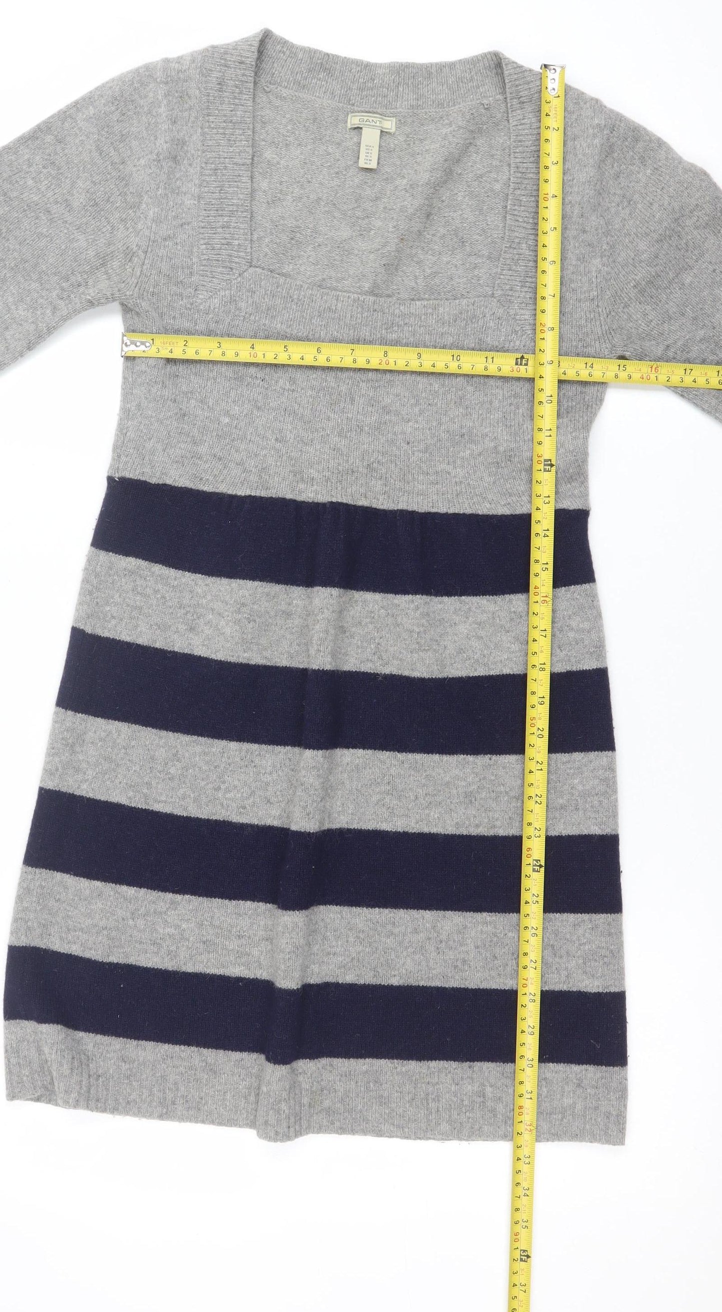 GANT Women’s Grey & Navy Striped Wool Blend Short Sleeve Knee Dress Size S