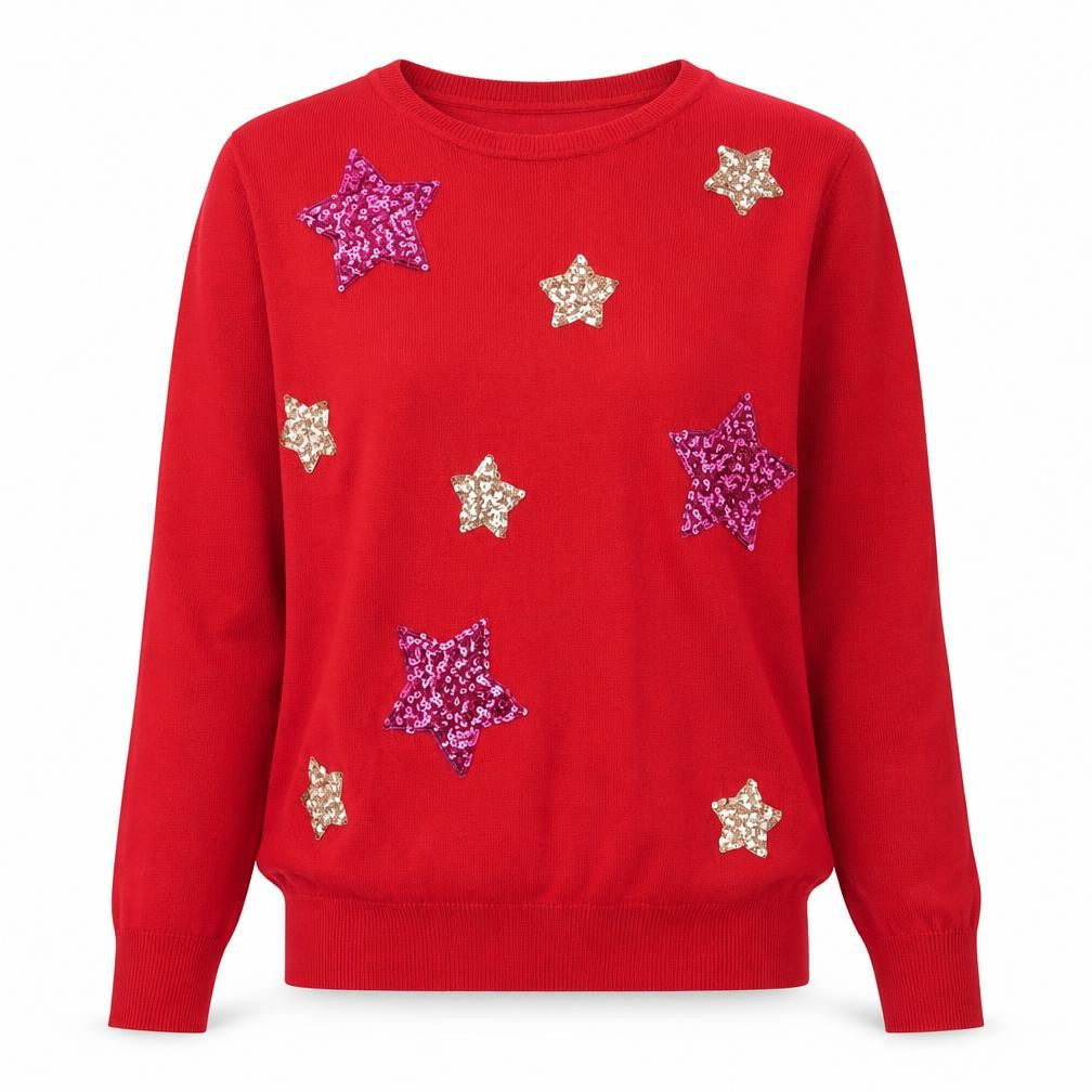 Merry Christmas Women's Red Sequin Star Pullover Jumper Size M