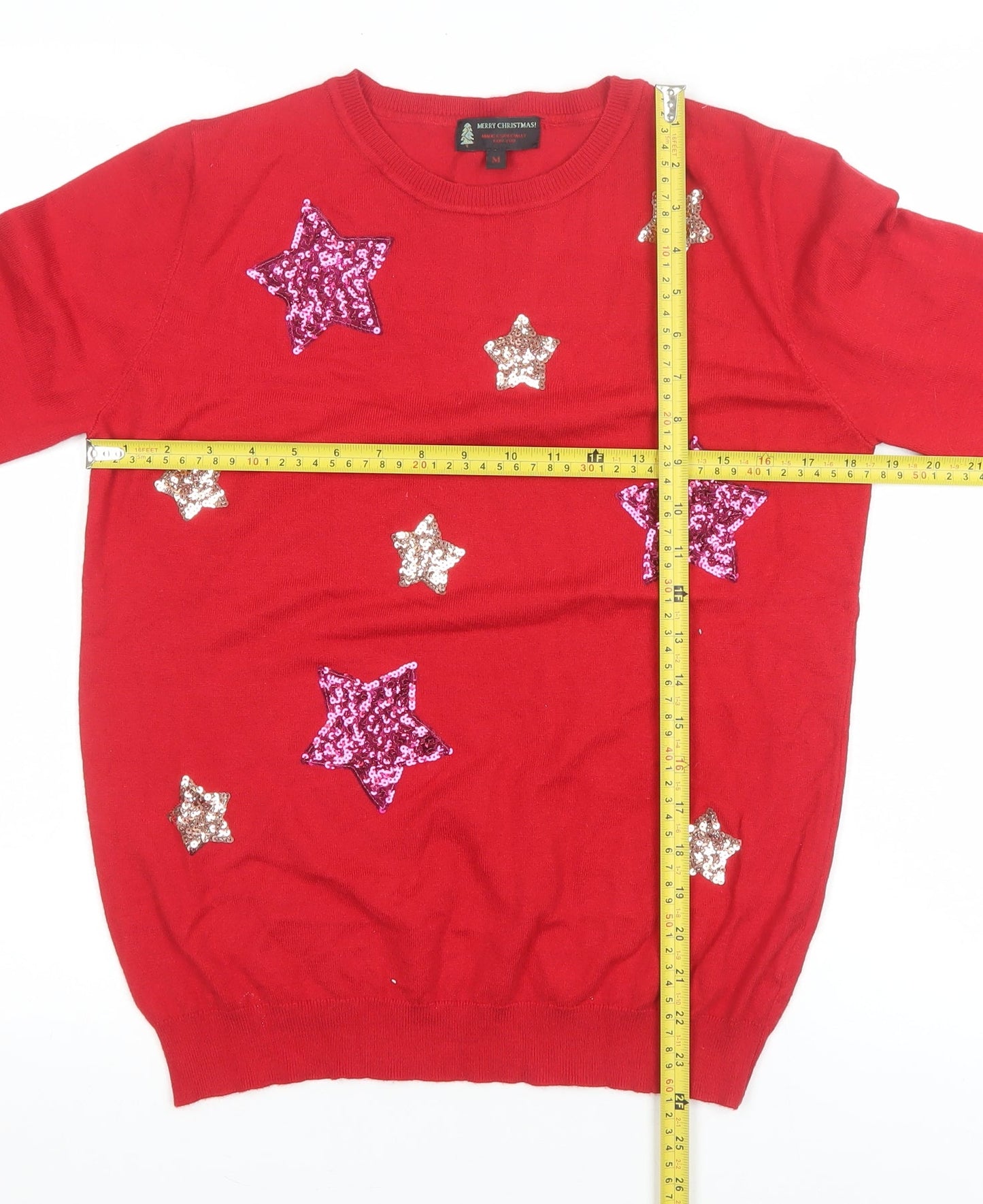 Merry Christmas Women's Red Sequin Star Pullover Jumper Size M