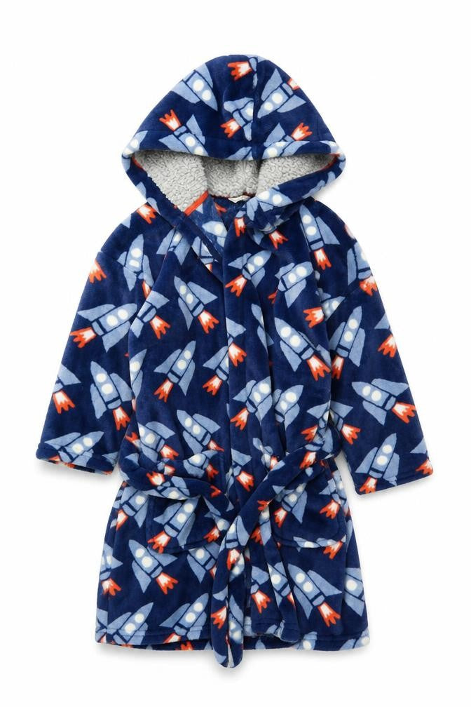 Marks & Spencer Boys Blue Fleece Space Rocket Hooded Robe 6-7 Years