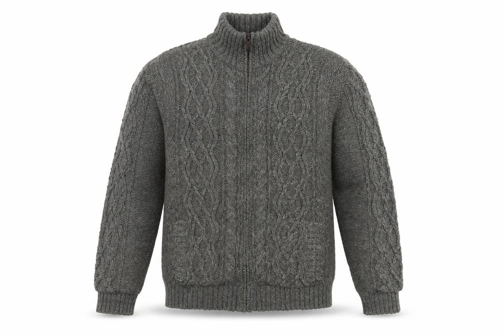 Boston Crew Men's Grey Full Zip Cable Knit Jumper L Warm Lined High Neck