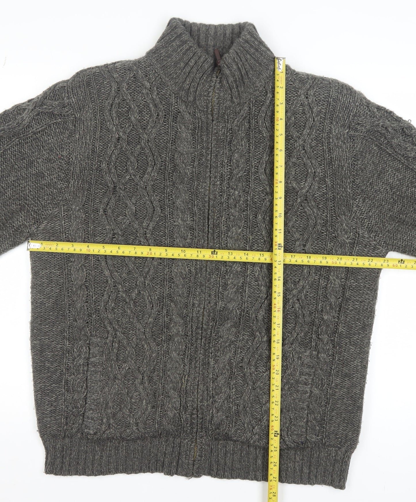 Boston Crew Men's Grey Full Zip Cable Knit Jumper L Warm Lined High Neck