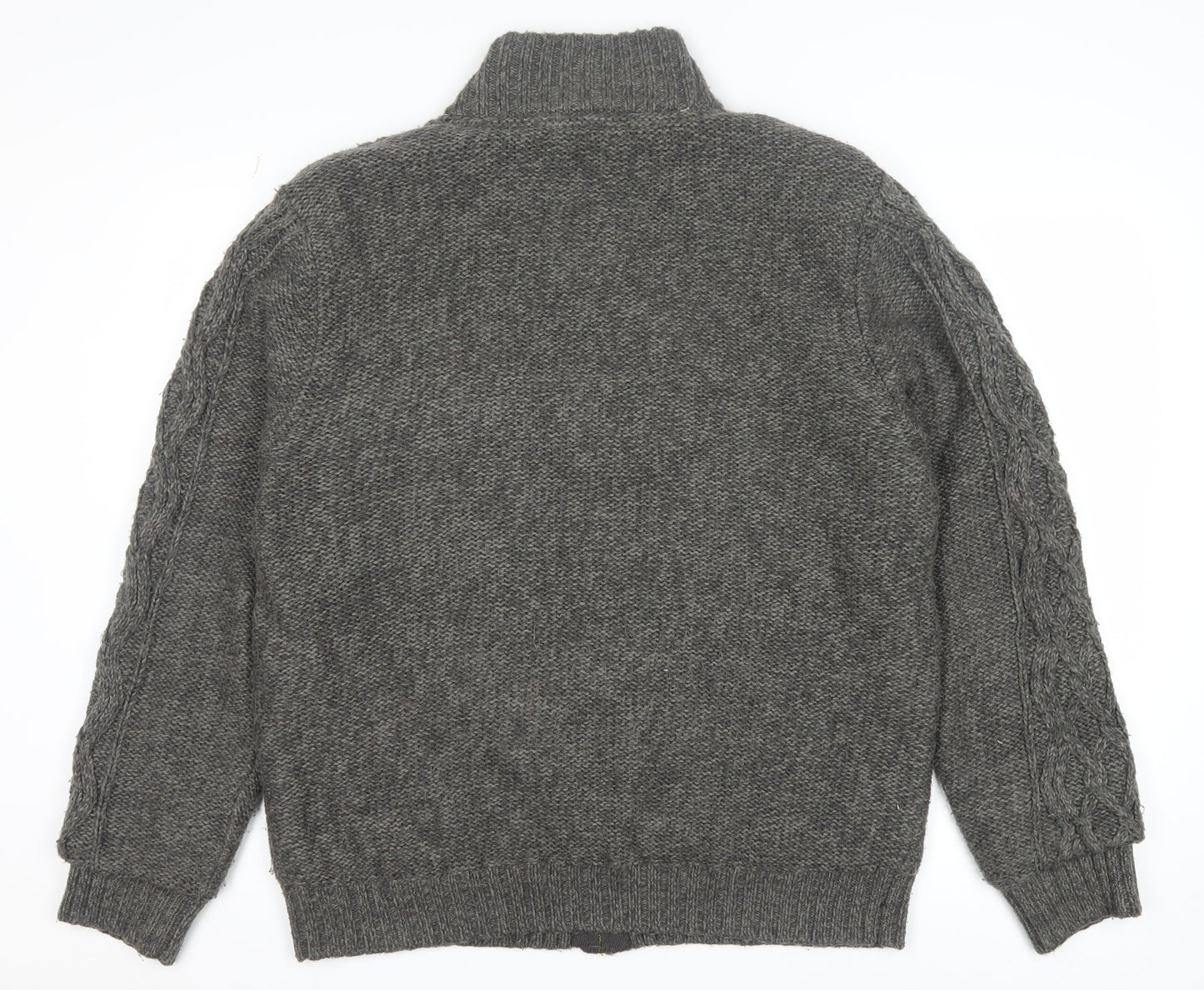 Boston Crew Men's Grey Full Zip Cable Knit Jumper L Warm Lined High Neck