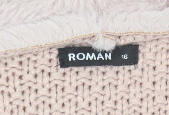 Roman Women’s Beige Faux Fur Trim Open Knit Long Sleeve Cardigan Size 16