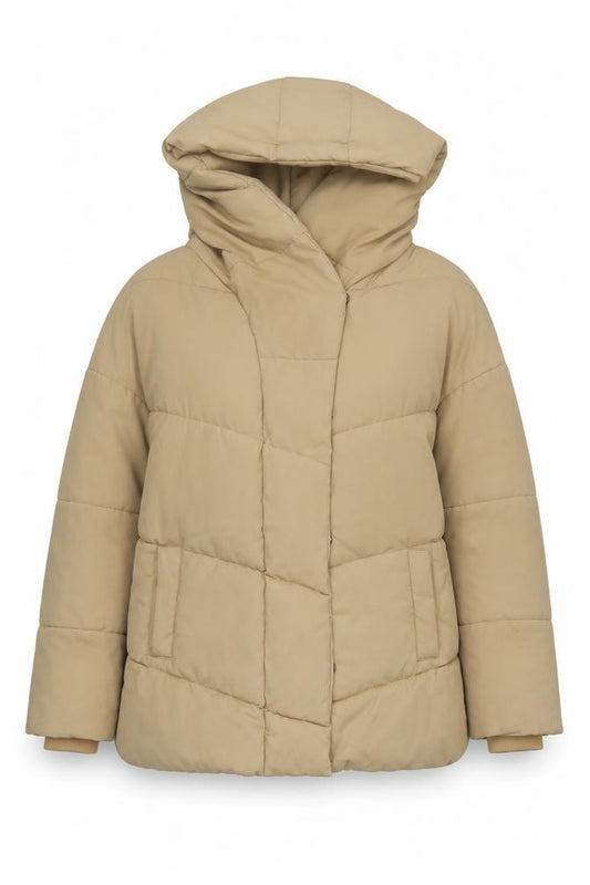 Noisy May Women’s Beige L Hooded Puffer Jacket with Zip Pockets