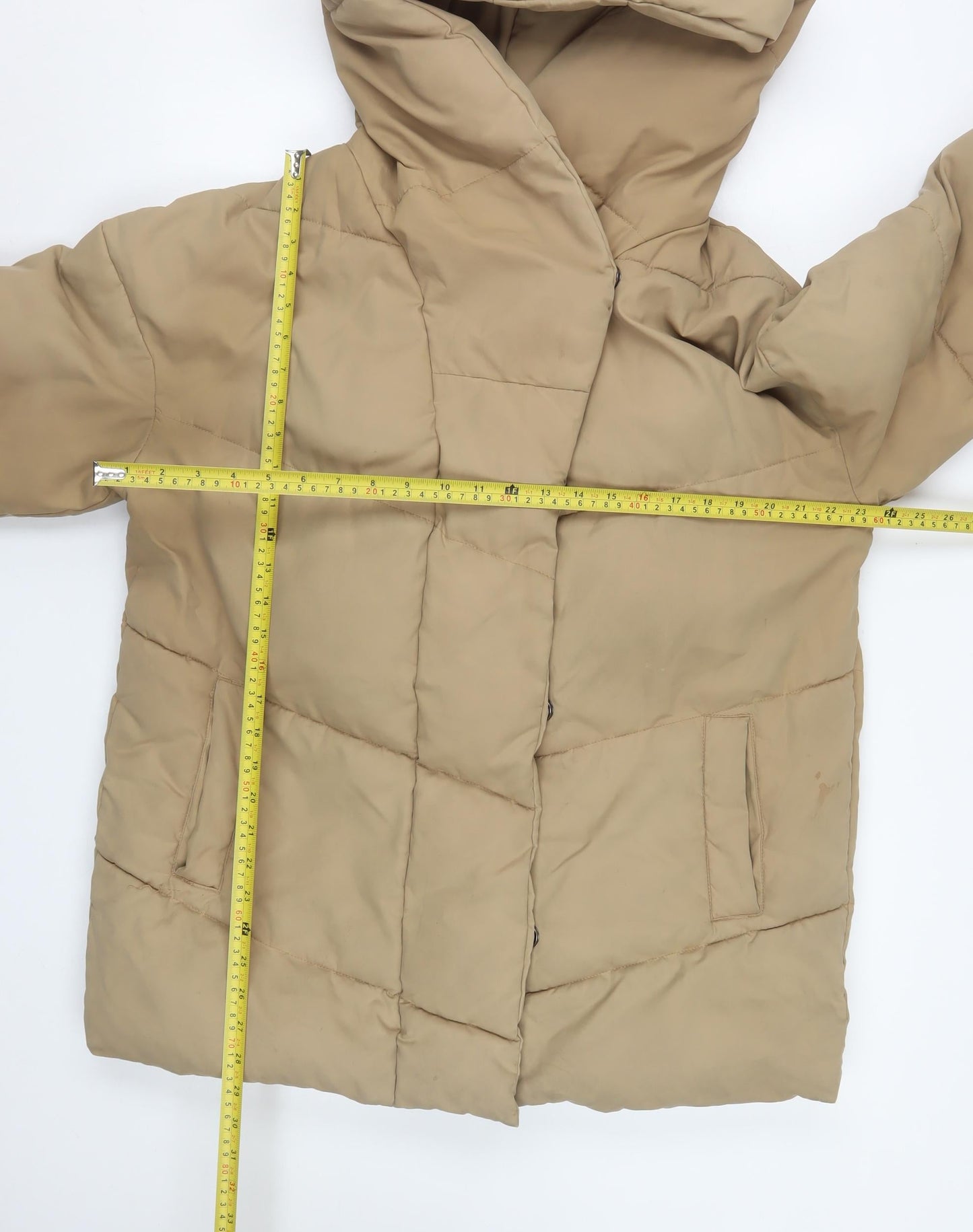 Noisy May Women’s Beige L Hooded Puffer Jacket with Zip Pockets