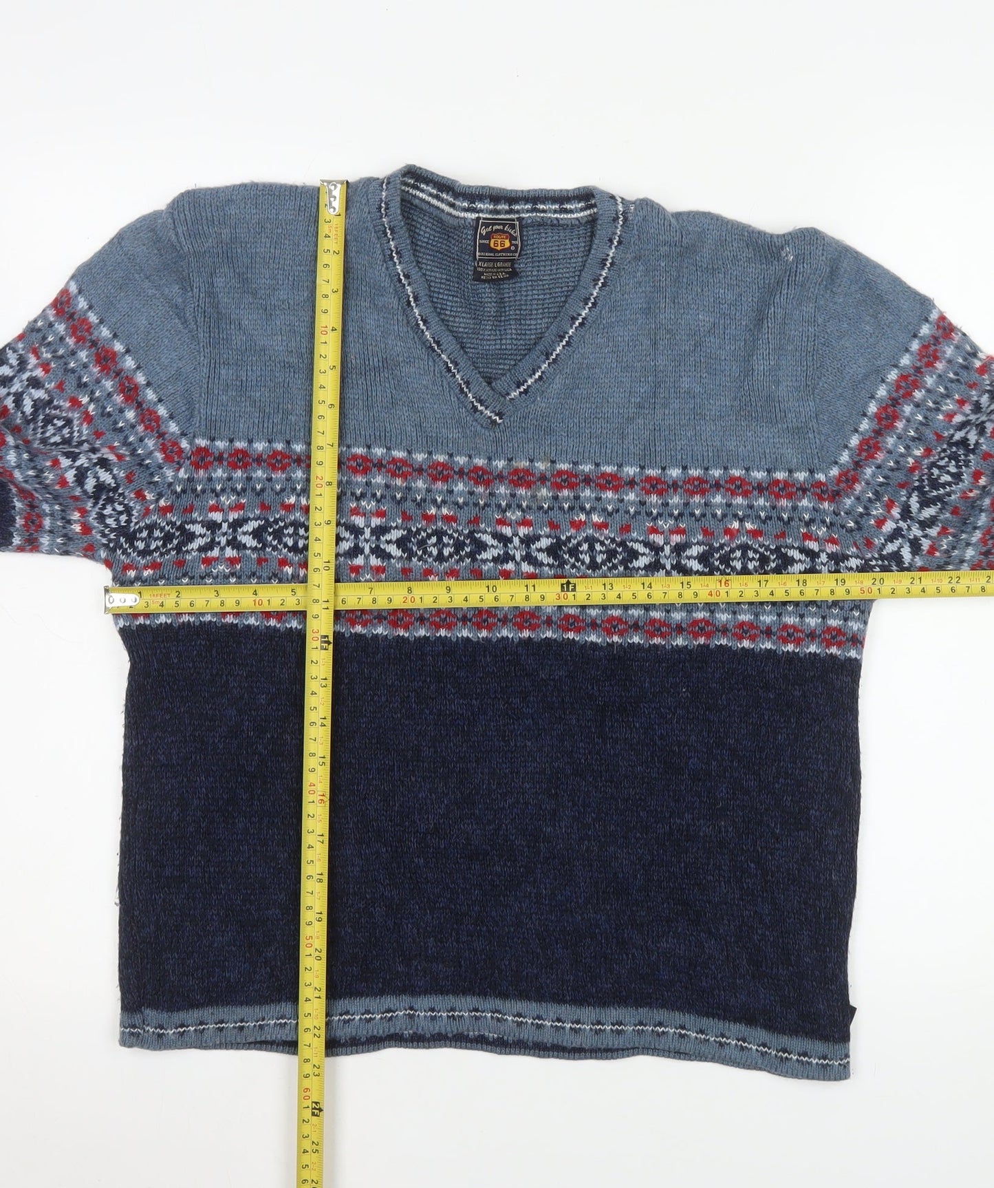 Route 66 Men's Blue Fair Isle V-Neck Acrylic Pullover Jumper XL