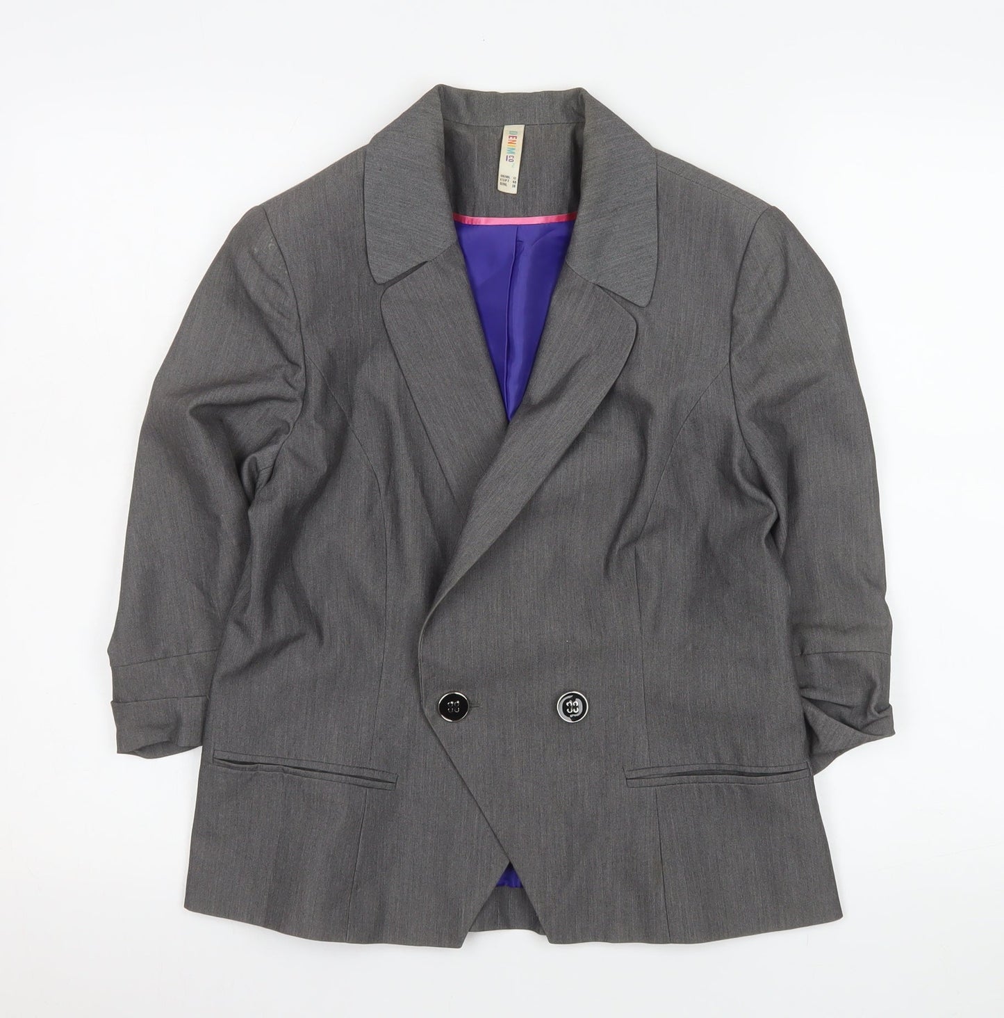 Denim Co Women Grey Double-Breasted Blazer Size 12 Regular Fit Work Jacket