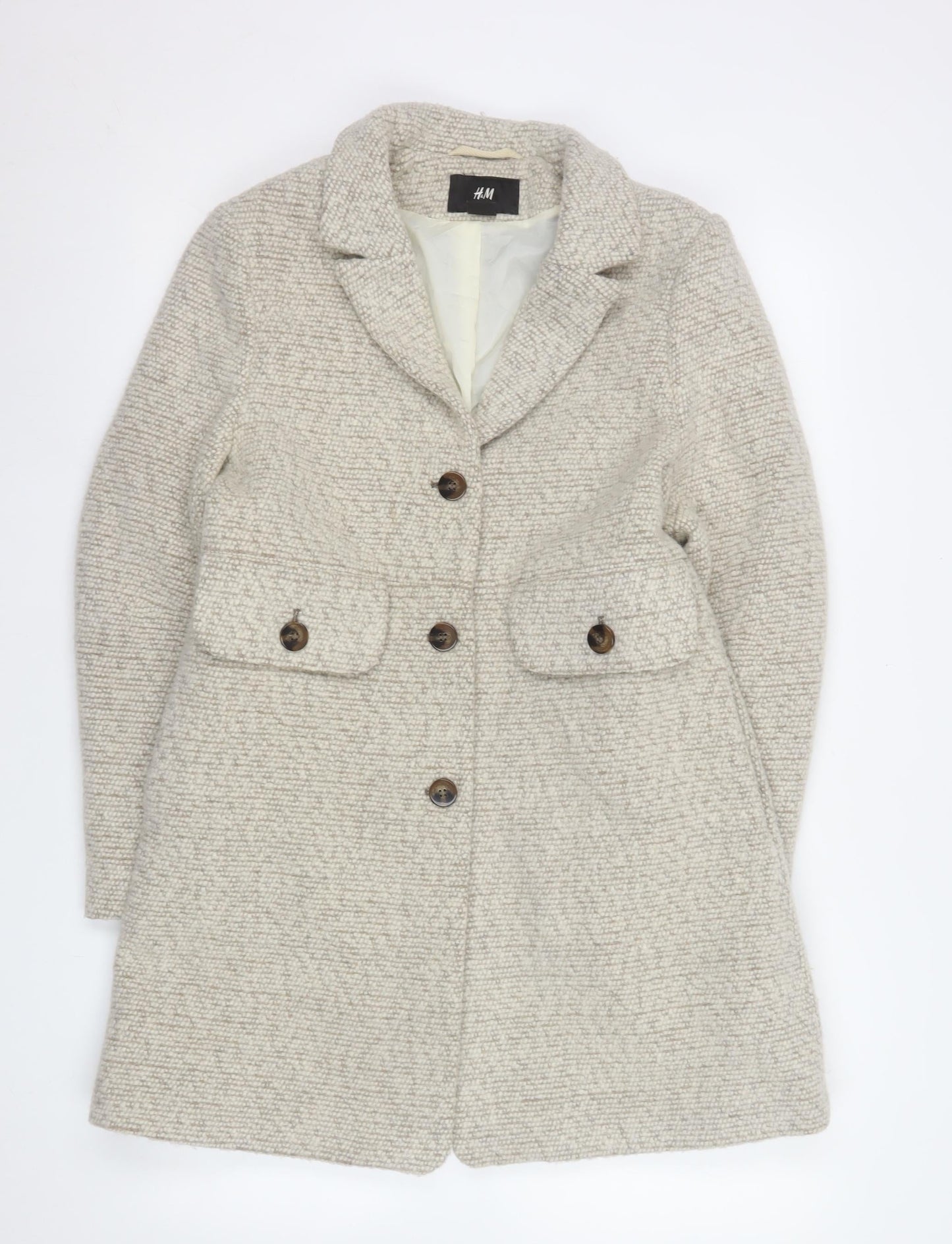 H&M Women Beige Wool Blend Mid-Length Overcoat Size 10