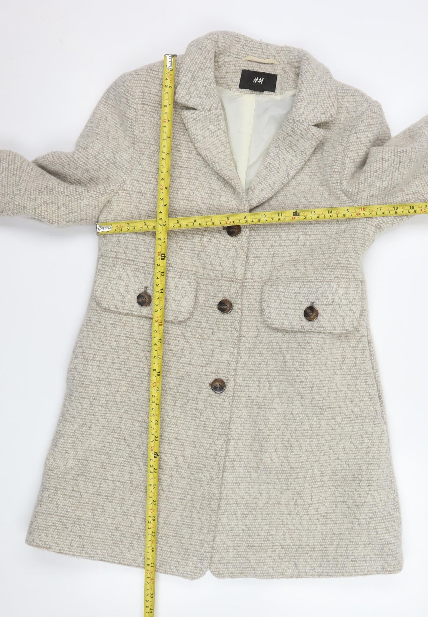 H&M Women Beige Wool Blend Mid-Length Overcoat Size 10