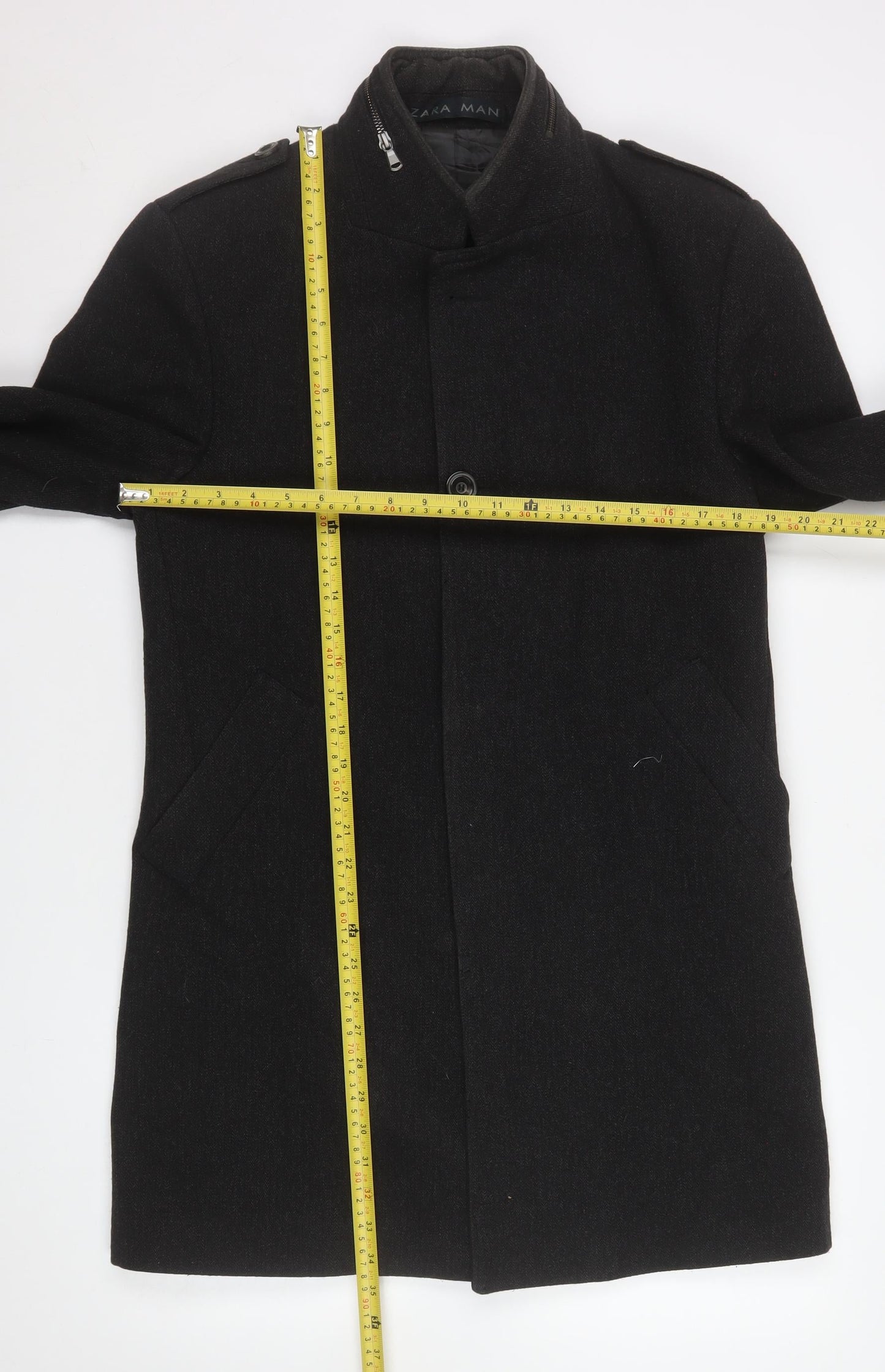 Zara Man Black Wool Blend Stand-Up Collar Men's Medium Overcoat