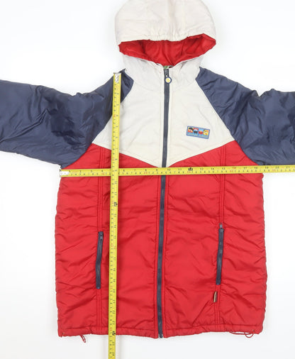 Back view of Sesame Street boys’ red blue colourblock hooded puffer jacket 11-12 years