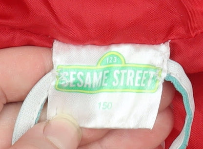 Brand and care label for Sesame Street boys’ red blue colourblock hooded puffer jacket 11-12 years