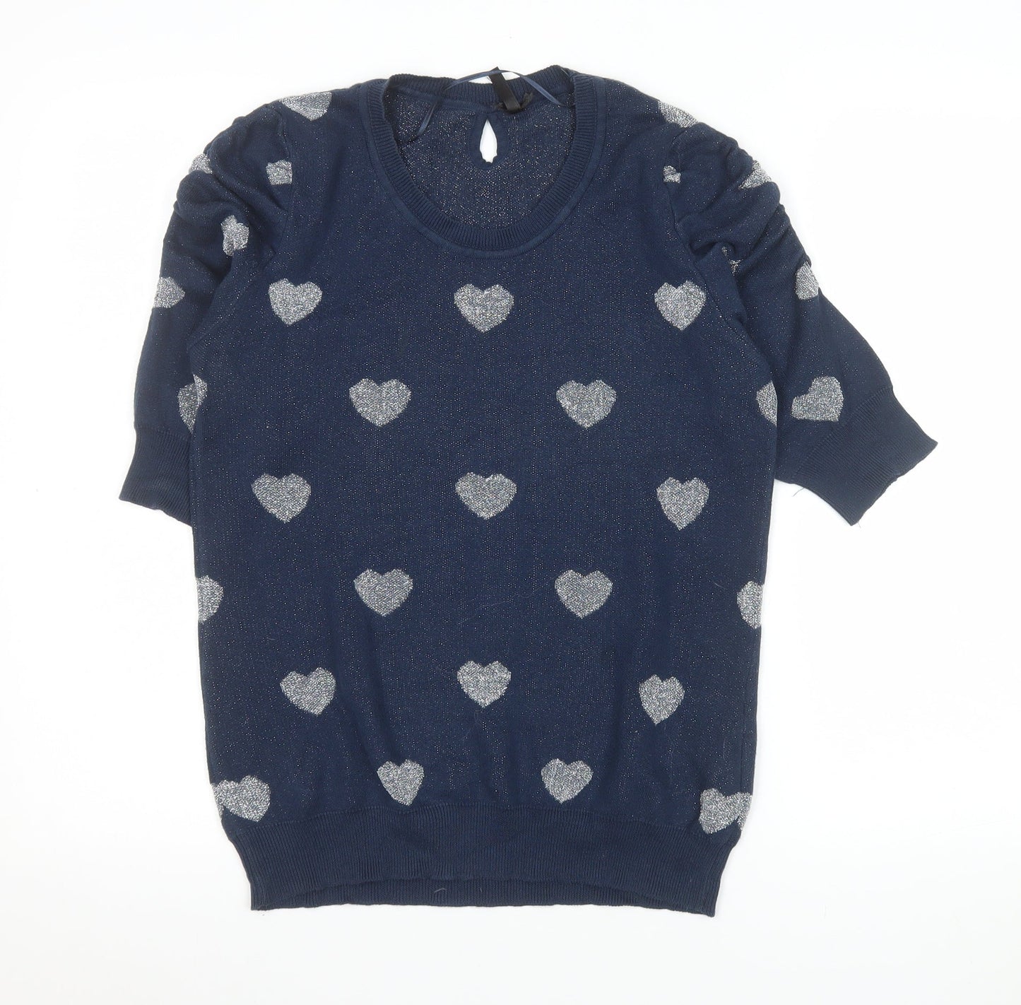 F XSide Women’s Blue Heart Glitter Knit Short Sleeve Top Size M