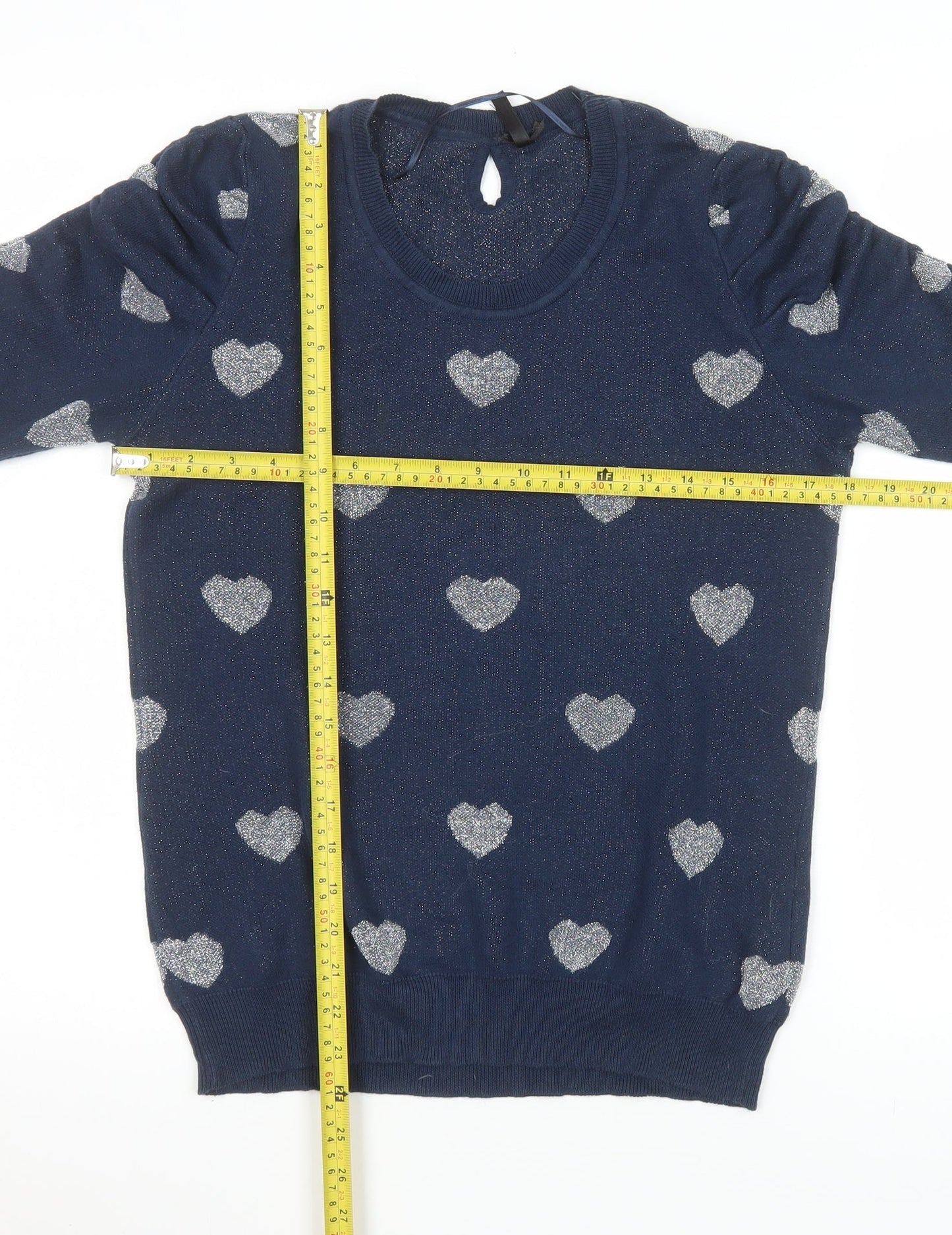F XSide Women’s Blue Heart Glitter Knit Short Sleeve Top Size M