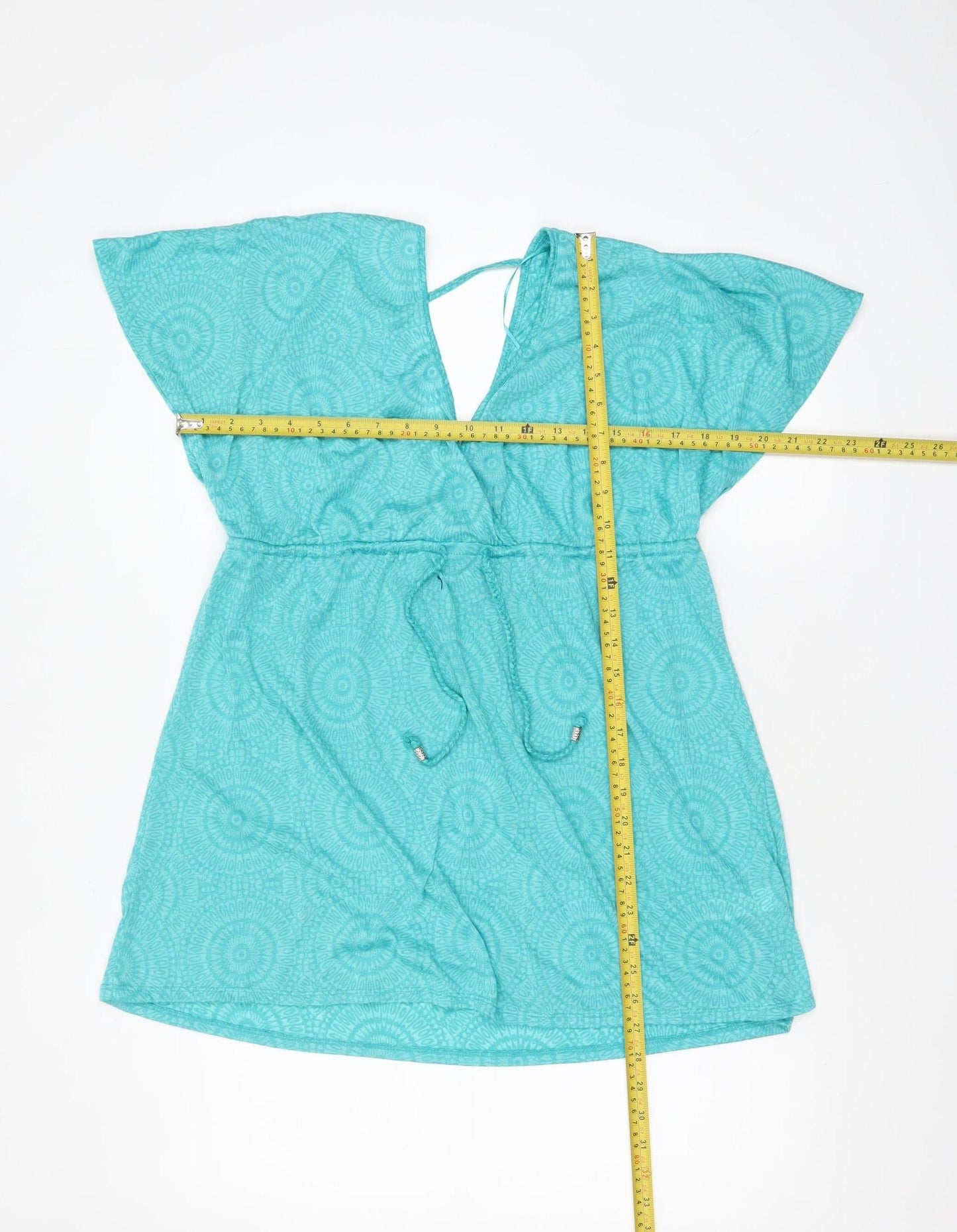 Primark Women's Blue Summer Tunic Blouse M V-Neck Tie Waist