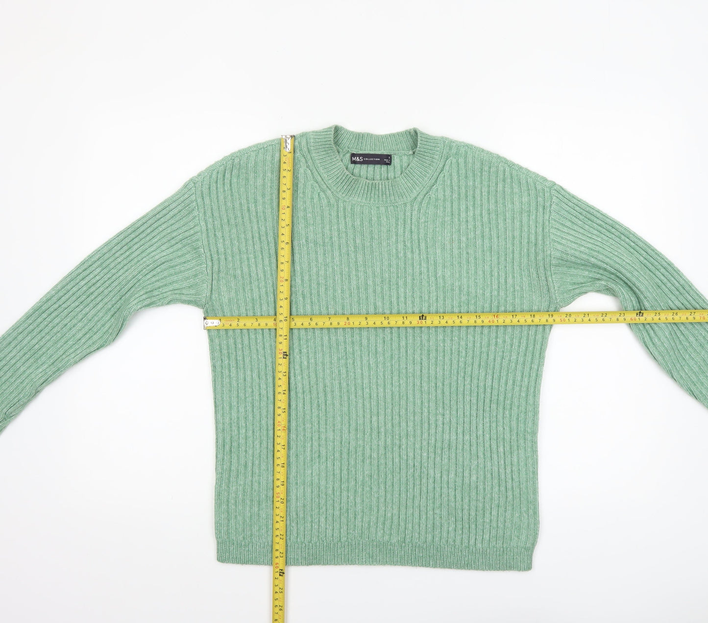 Marks and Spencer Women's Green Wool Blend Ribbed Crew Neck Jumper Size S