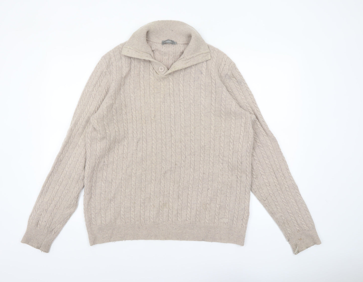 Jaeger Men's Beige Cable-Knit Wool Collar Pullover Jumper M