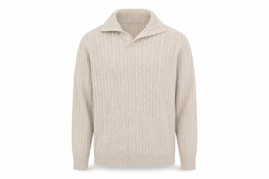 Jaeger Men's Beige Cable-Knit Wool Collar Pullover Jumper M