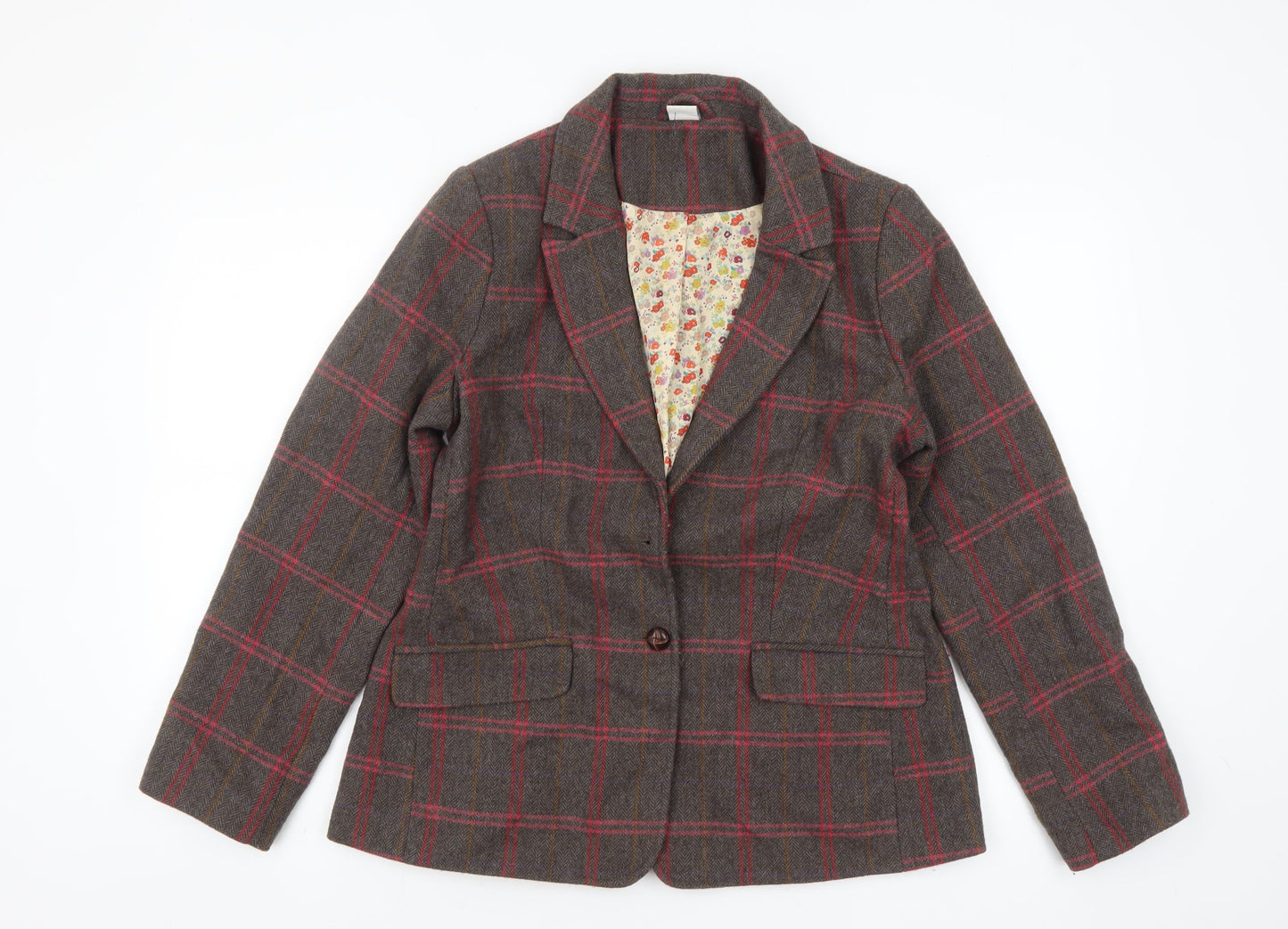Cotton Traders Women’s Brown Check Wool Blend Blazer Size 12 Classic Fit
