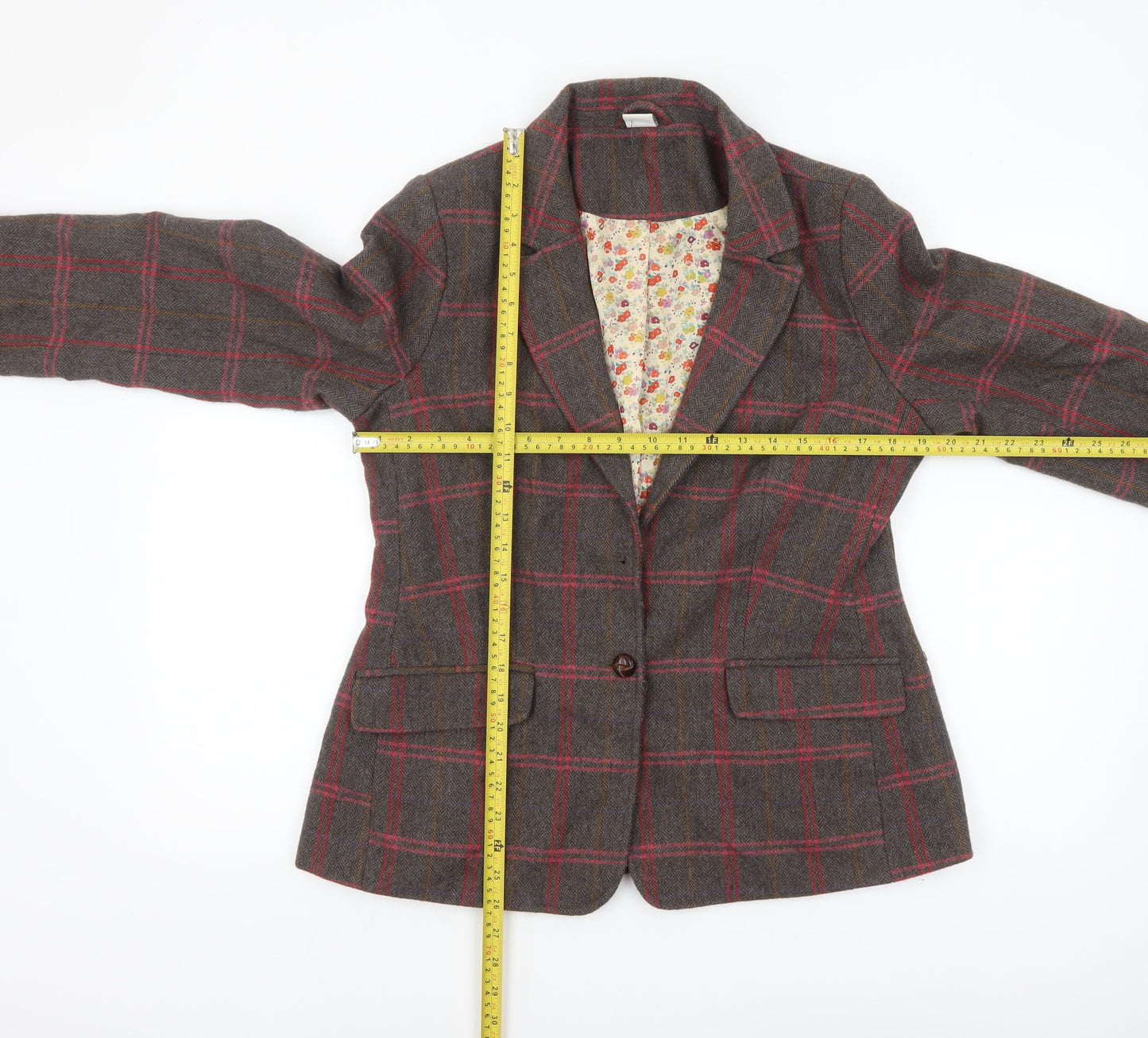 Cotton Traders Women’s Brown Check Wool Blend Blazer Size 12 Classic Fit