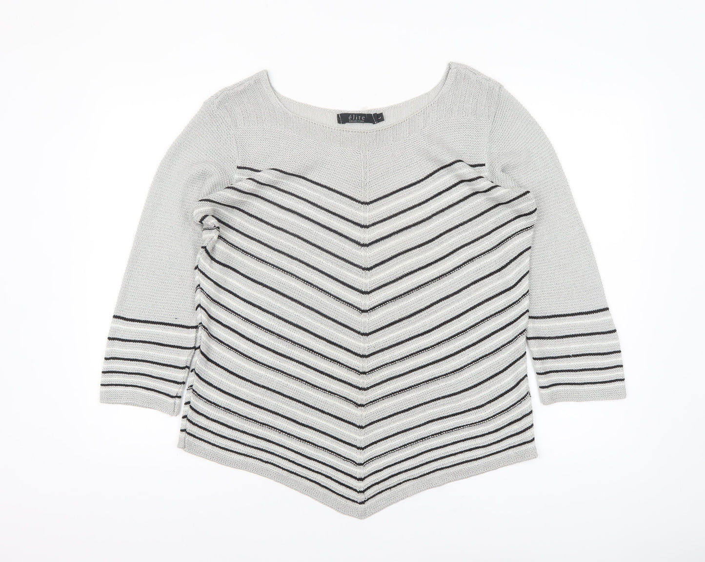 Elite Collection Women Grey Striped 3/4 Sleeve Pullover Jumper Size L
