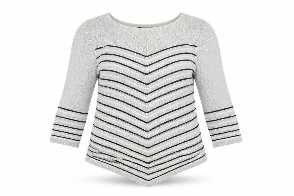 Elite Collection Women Grey Striped 3/4 Sleeve Pullover Jumper Size L