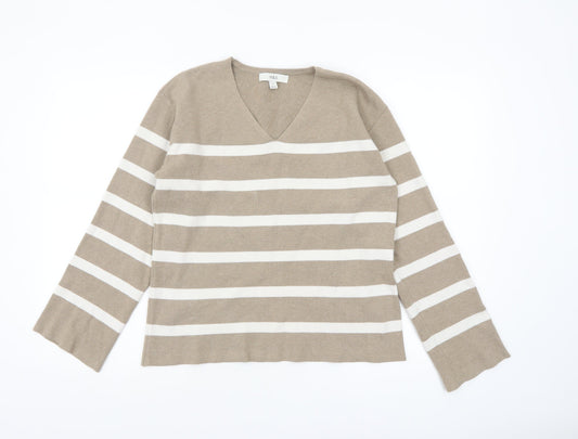 Marks and Spencer Women’s Beige Striped V-Neck Cotton Jumper M