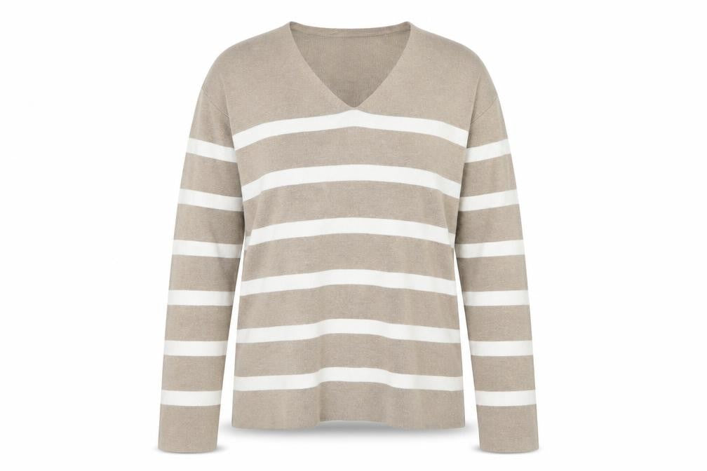 Marks & Spencer Women’s Beige Striped V-Neck Cotton Jumper M
