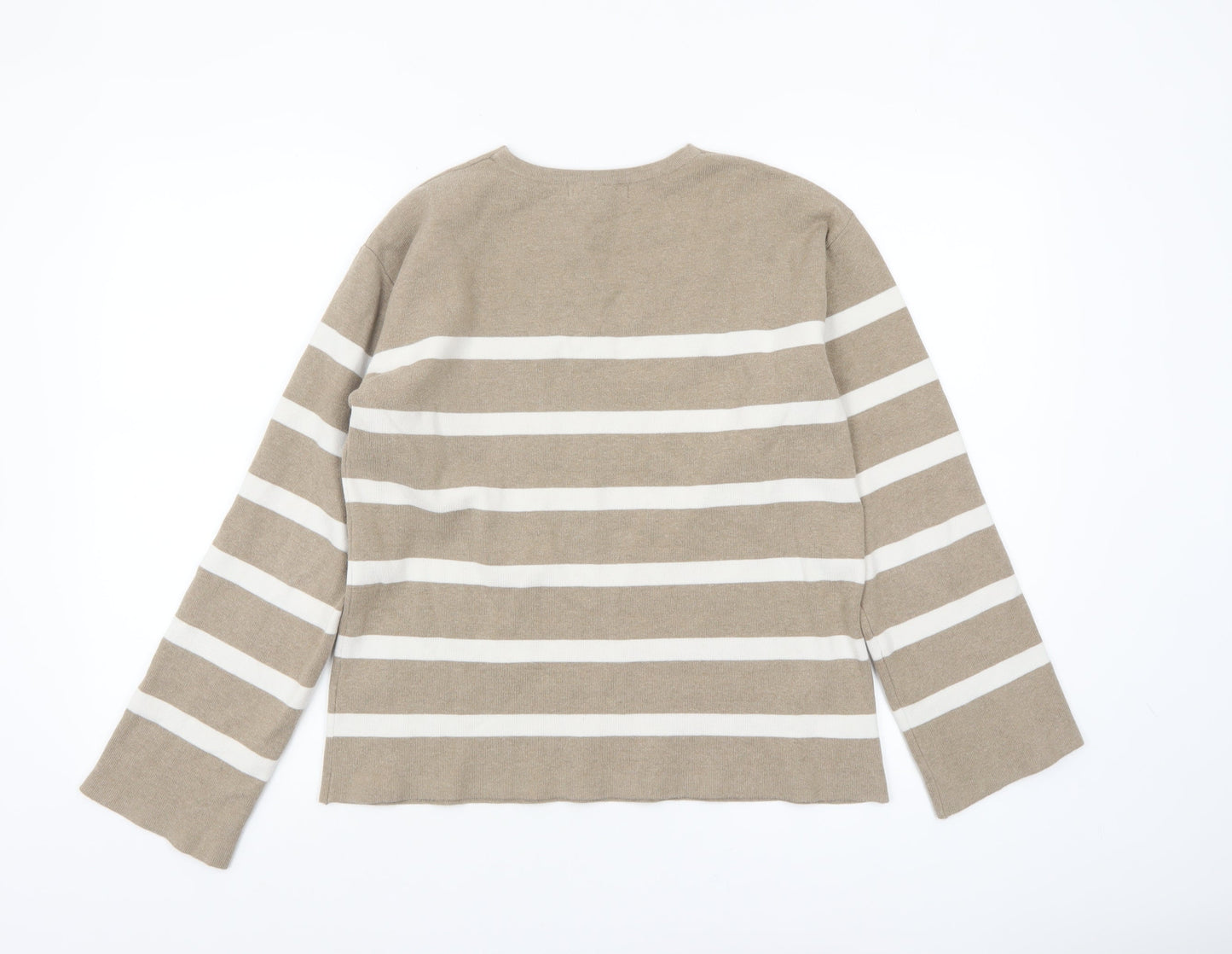 Marks and Spencer Women’s Beige Striped V-Neck Cotton Jumper M
