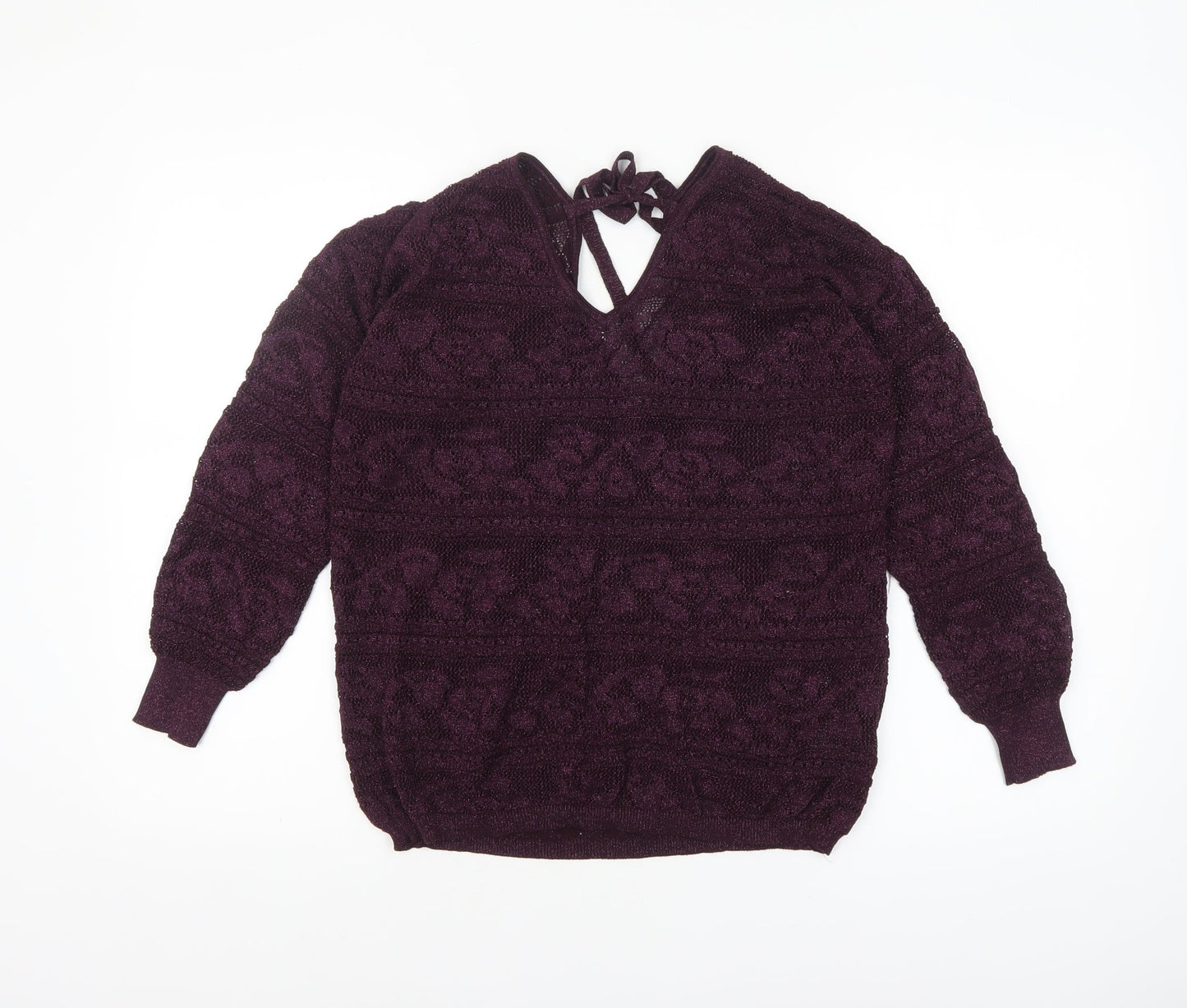 Next Womens Purple V-Neck Long Sleeve Open-Knit Jumper Size 14