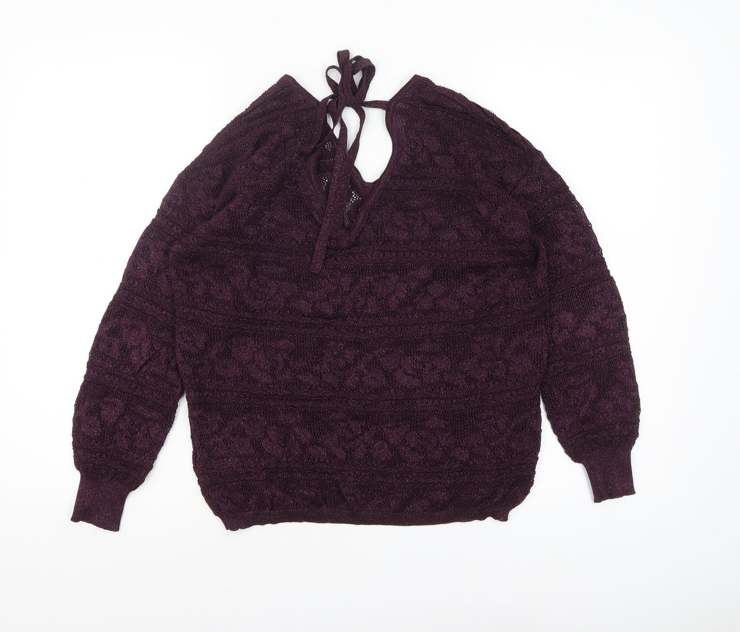 Next Womens Purple V-Neck Long Sleeve Open-Knit Jumper Size 14