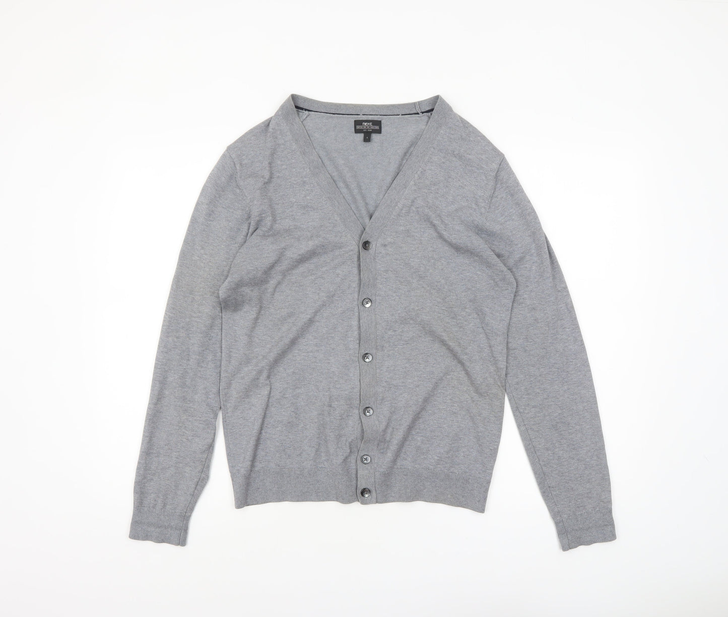 Next Men's Grey Cotton V-Neck Button Cardigan Small