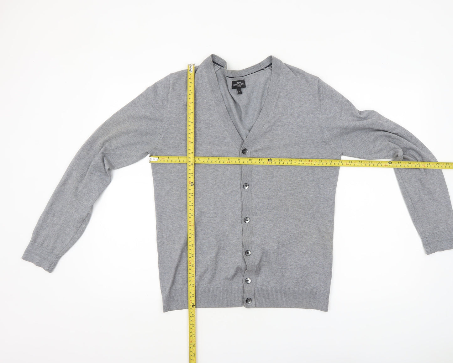 Next Men's Grey Cotton V-Neck Button Cardigan Small