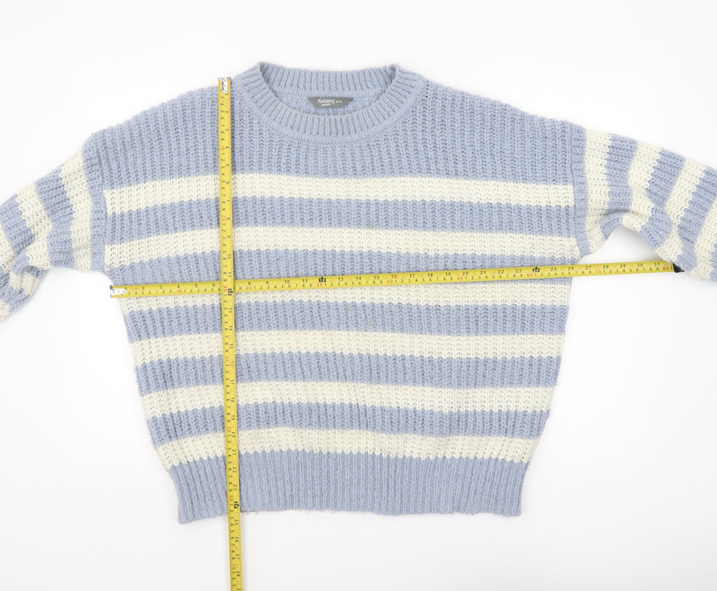 Nutmeg Women Blue White Striped Chunky Knit Pullover Jumper Size 16/18
