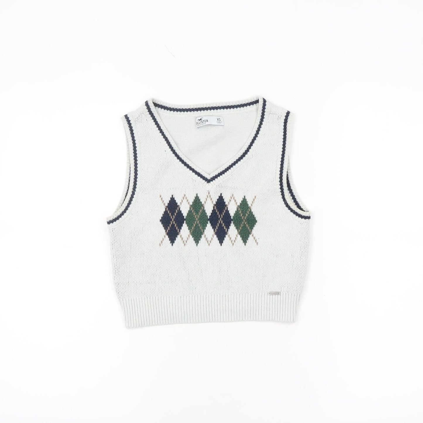Hollister Women White Argyle Knit V-Neck Sleeveless Vest XS