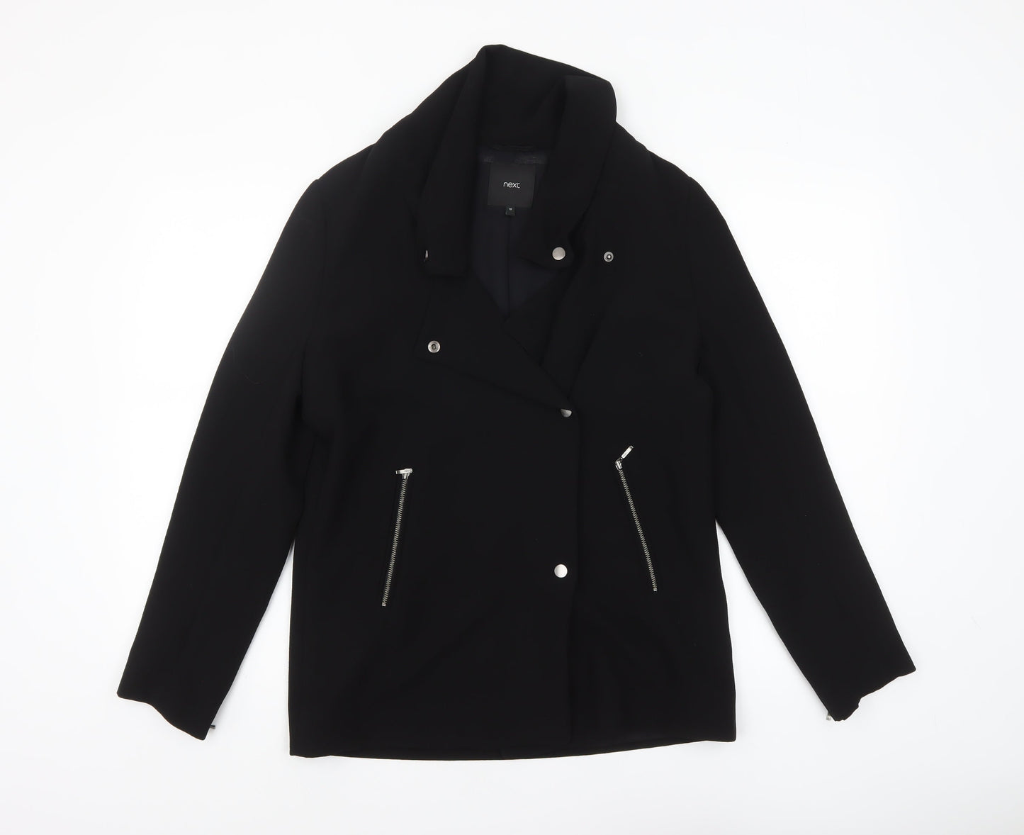Next Women's Black Biker Jacket Size 10 Zip Detail Classic Style